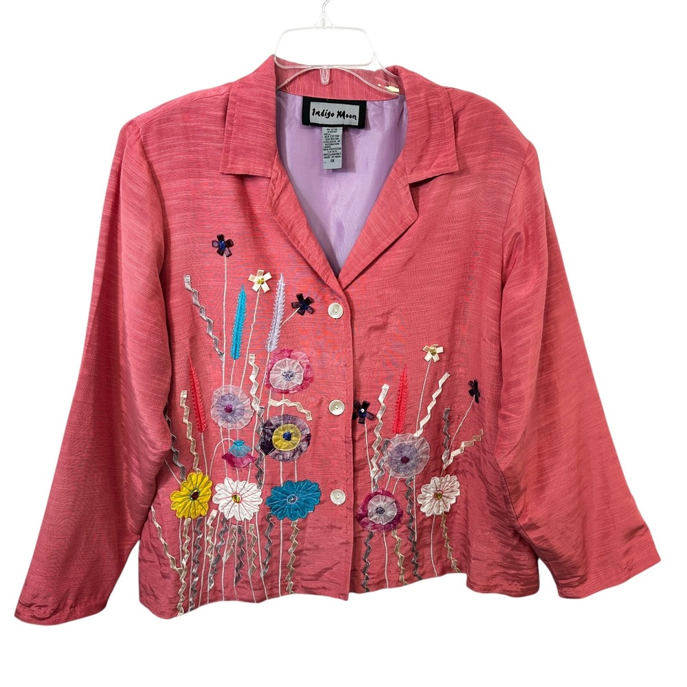 Indigo Moon Plus Size 1X Jacket Pink Floral Embroidered Applique Maximalism 1182
